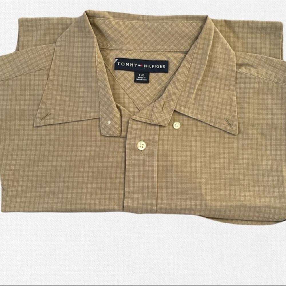 Tommy Hilfiger Button Up Shirt Men's Large Short Sleeve brown  Plaid size L